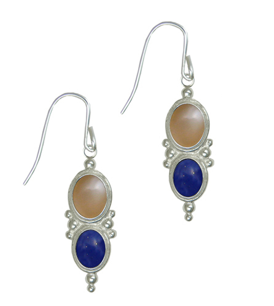 Sterling Silver Drop Dangle Earrings With Peach Moonstone And Lapis Lazuli